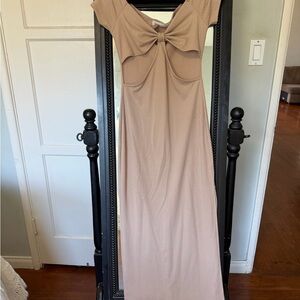 Knot-Front Ribbed Maxi Dress in Tan
